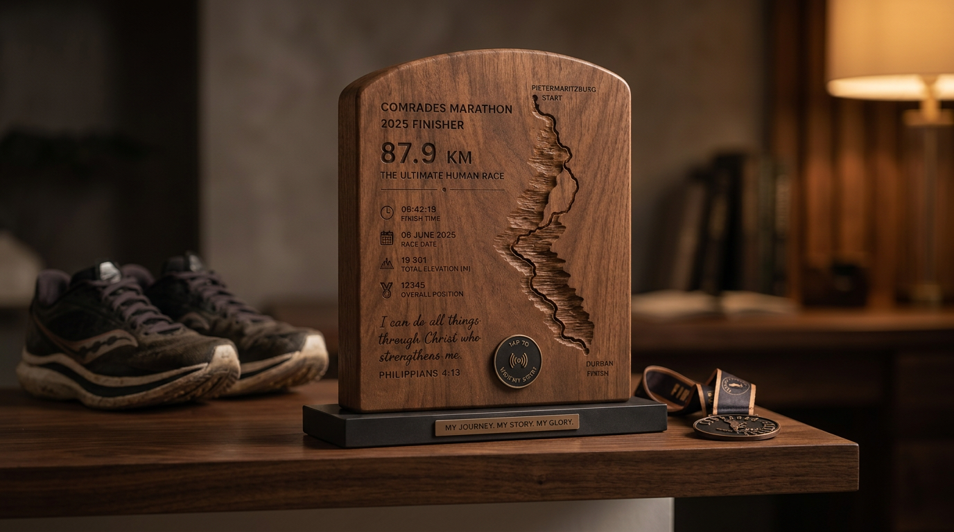 Walnut plaque displayed on a shelf in a premium interior