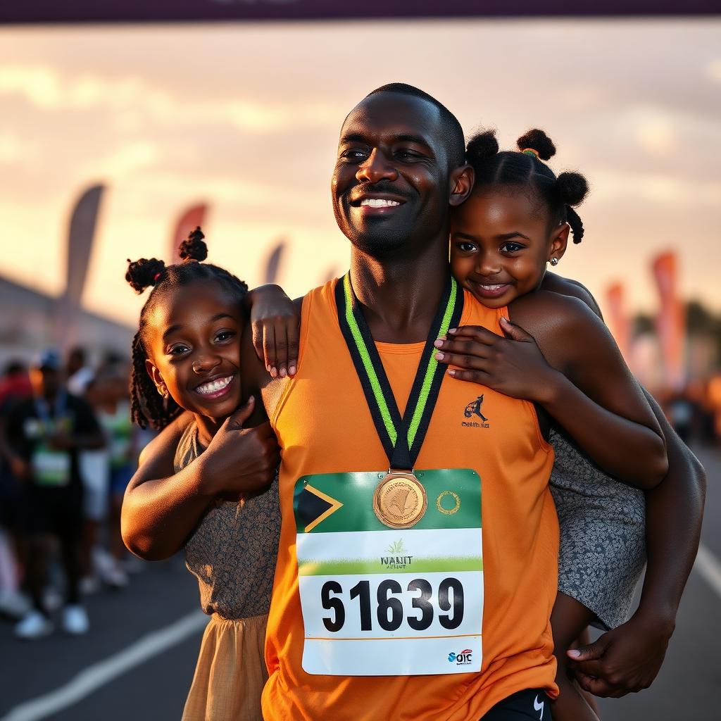 Hugging daughters at the finish line