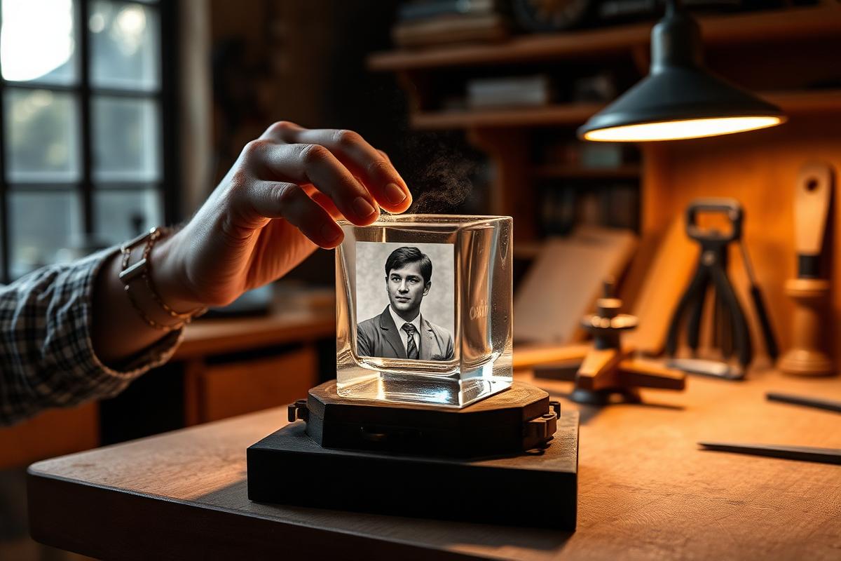 Craftsman engraving a crystal cube